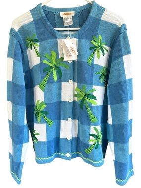 NWT Talbots Vintage Checkered Beaded Palm Tree Cardigan Sweater Size Large